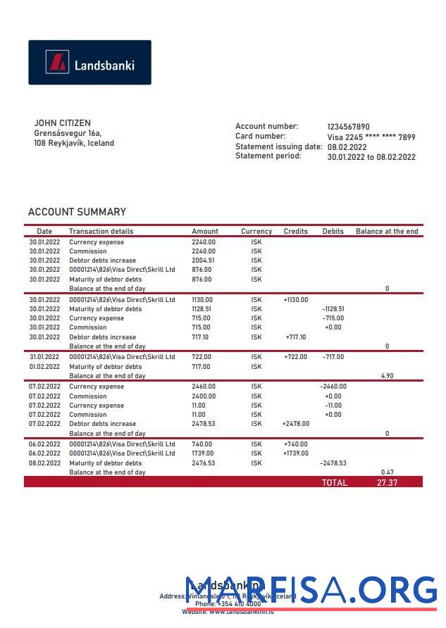 Blank Iceland Landsbankinn bank statement word real example